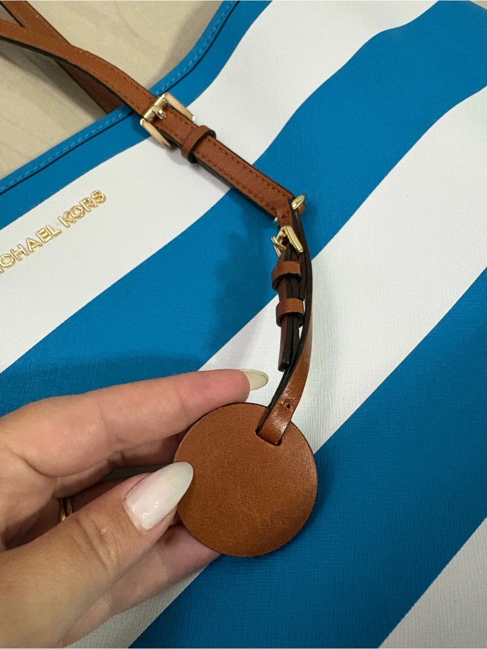 Brand new Michael Kors Turquoise and White Striped Tote
